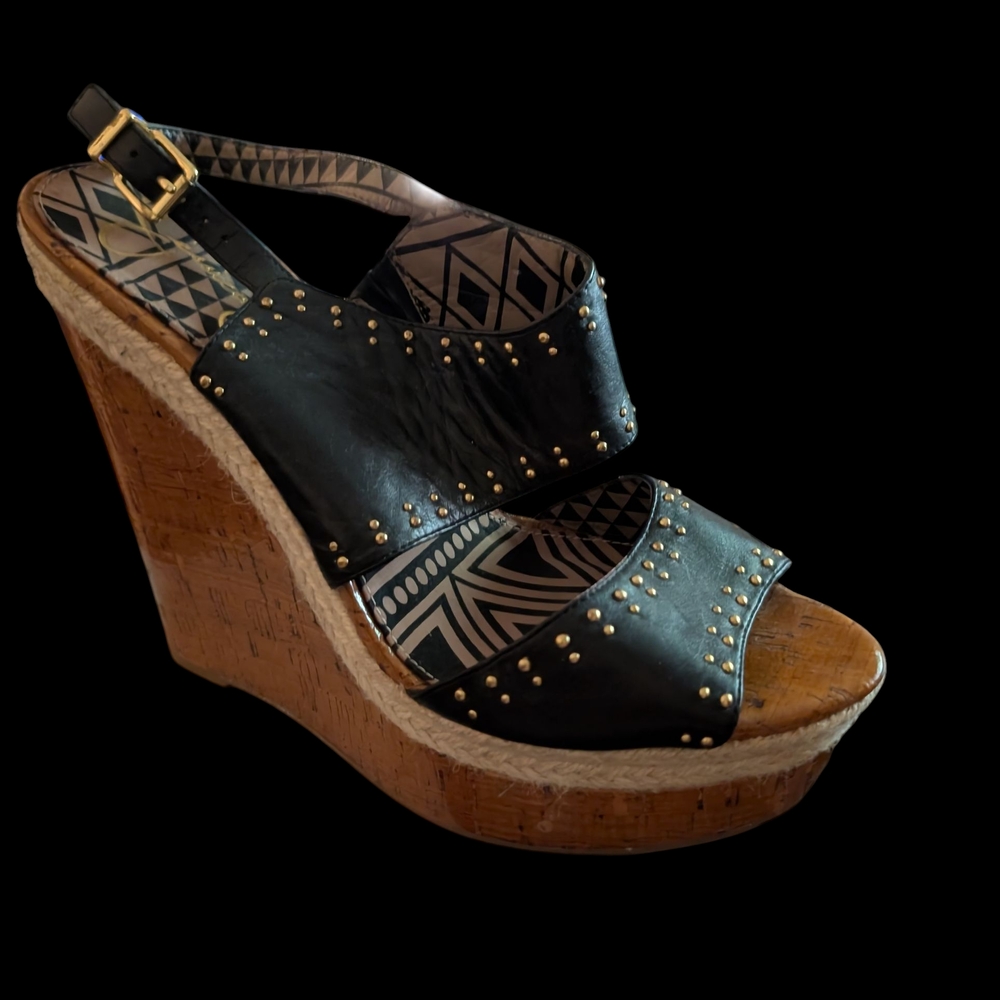 Jessica Simpson Black and Gold Wedge Sandals